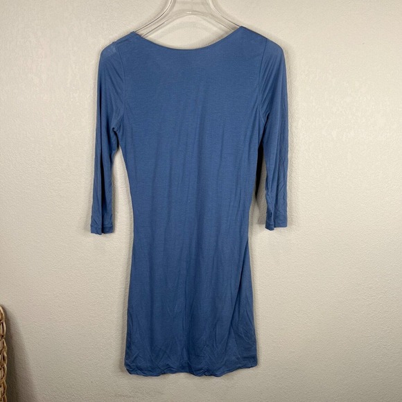 Halston Heritage Sheath Dress Sz 2 Blue Ruched 3/4 Sleeve Scoop Neck Silk Blend - Picture 8 of 13